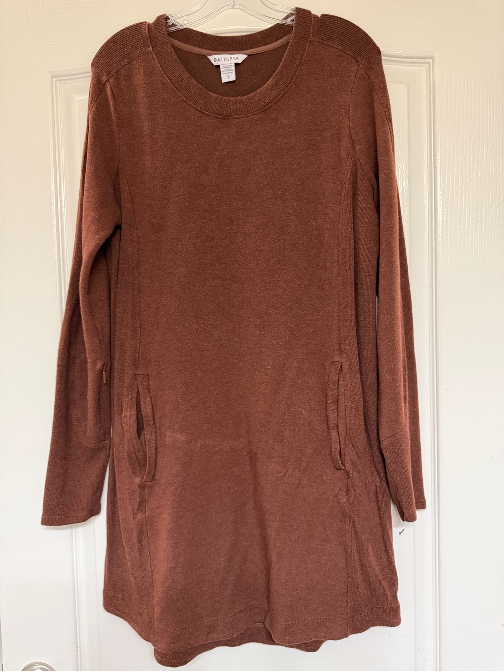 Athleta Balance Dress L Brown Modal Sweater Dress Pockets Long Sleeve Athleisure
